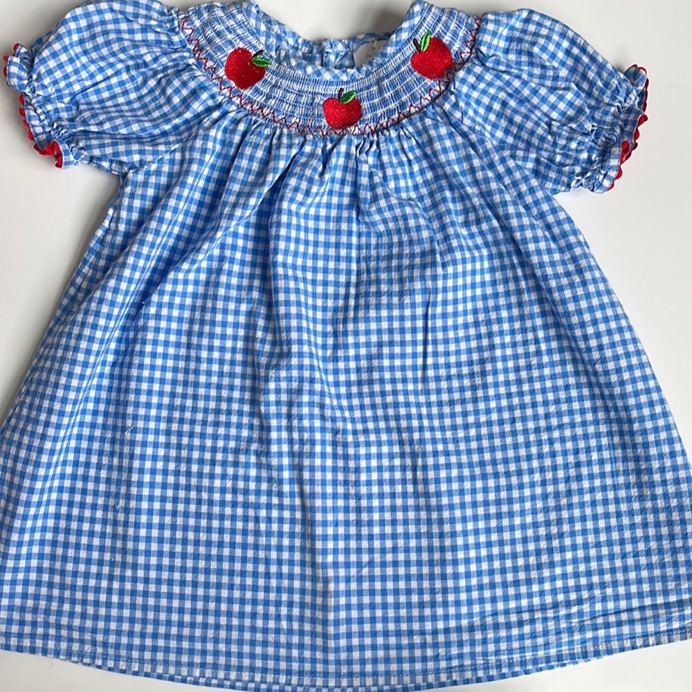 Smocking gingham dress with apple appliqué